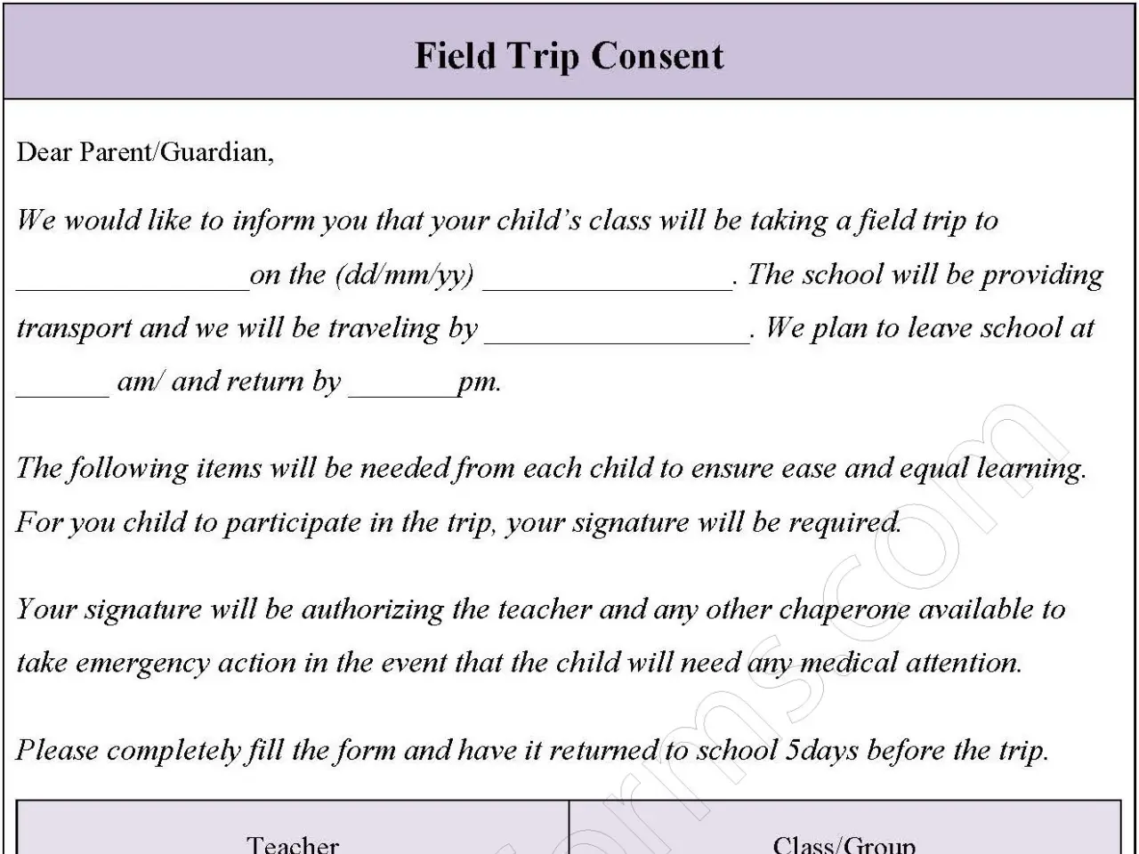 Field Trip Consent Form