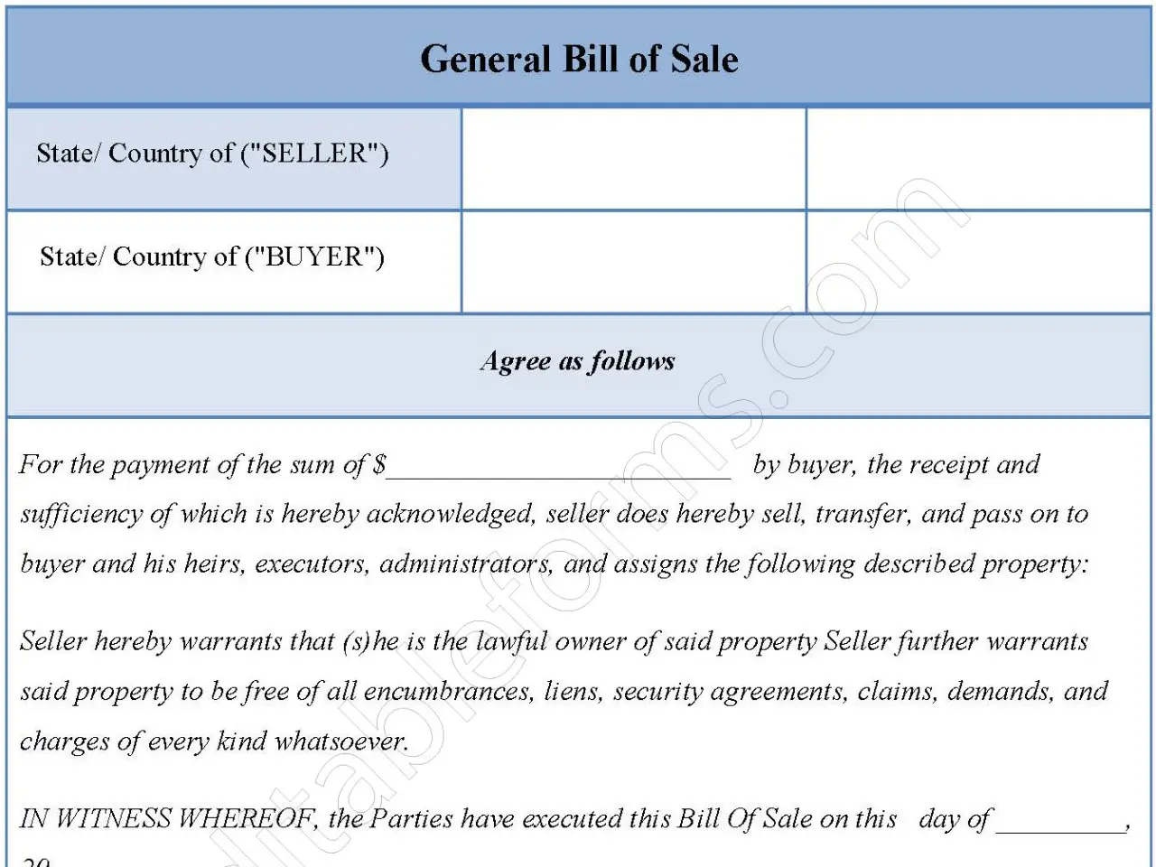 General Bill of Sale Fillable PDF Form