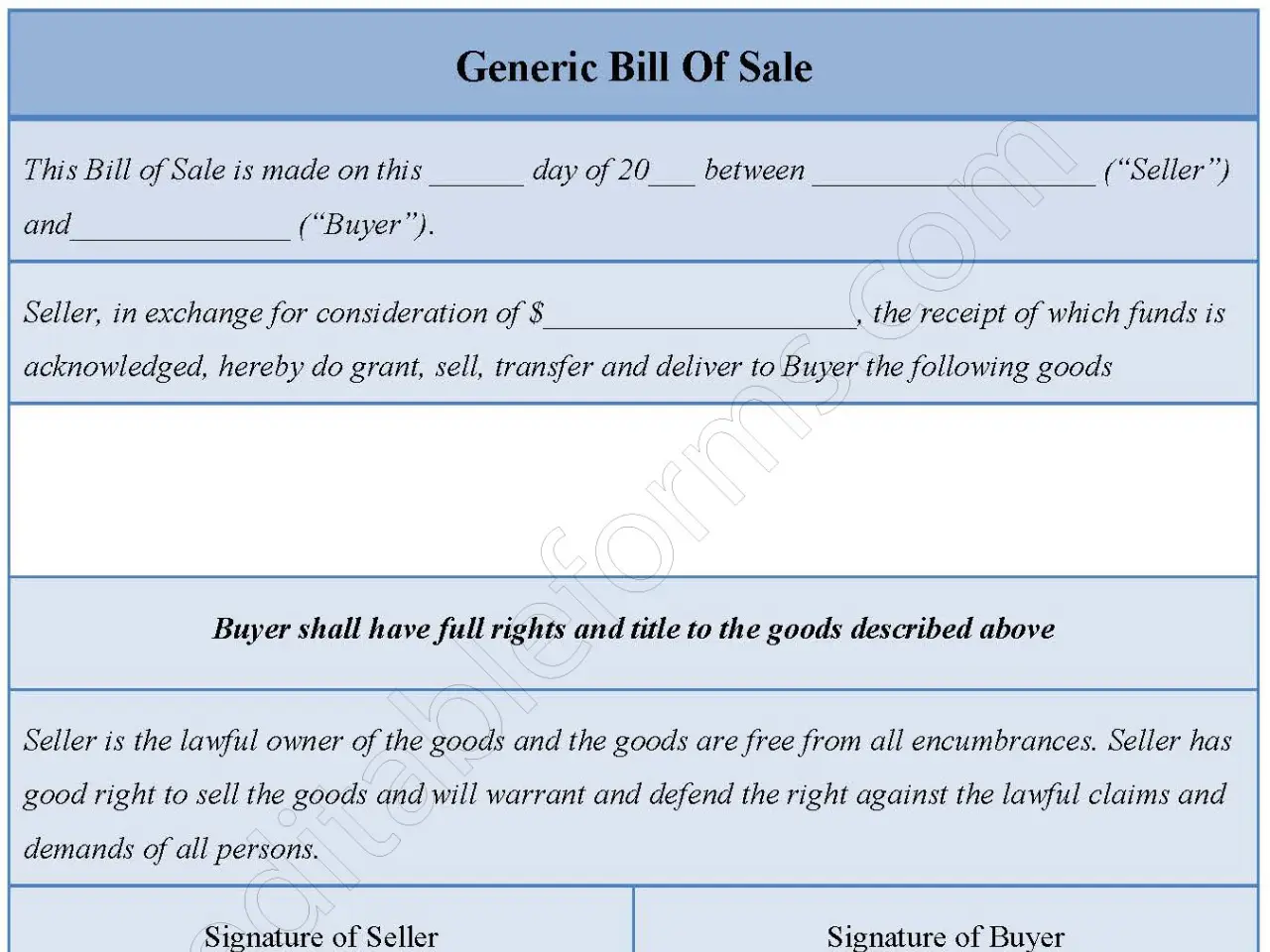 Generic Bill Of Sale Fillable PDF Form