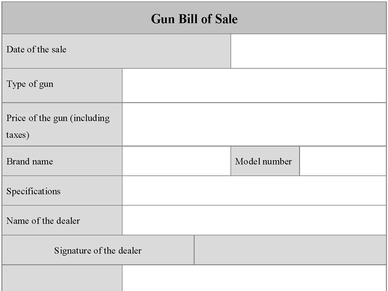 Gun Bill Of Sale Fillable PDF Form
