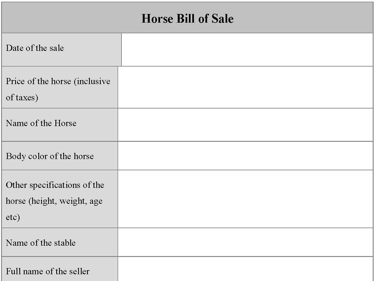 Horse Bill Of Sale Fillable PDF Template