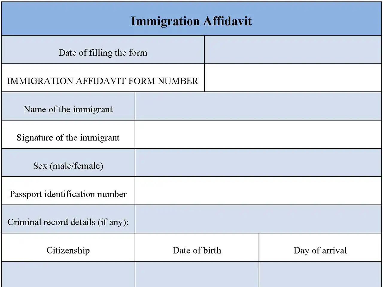 Immigration Affidavit Form