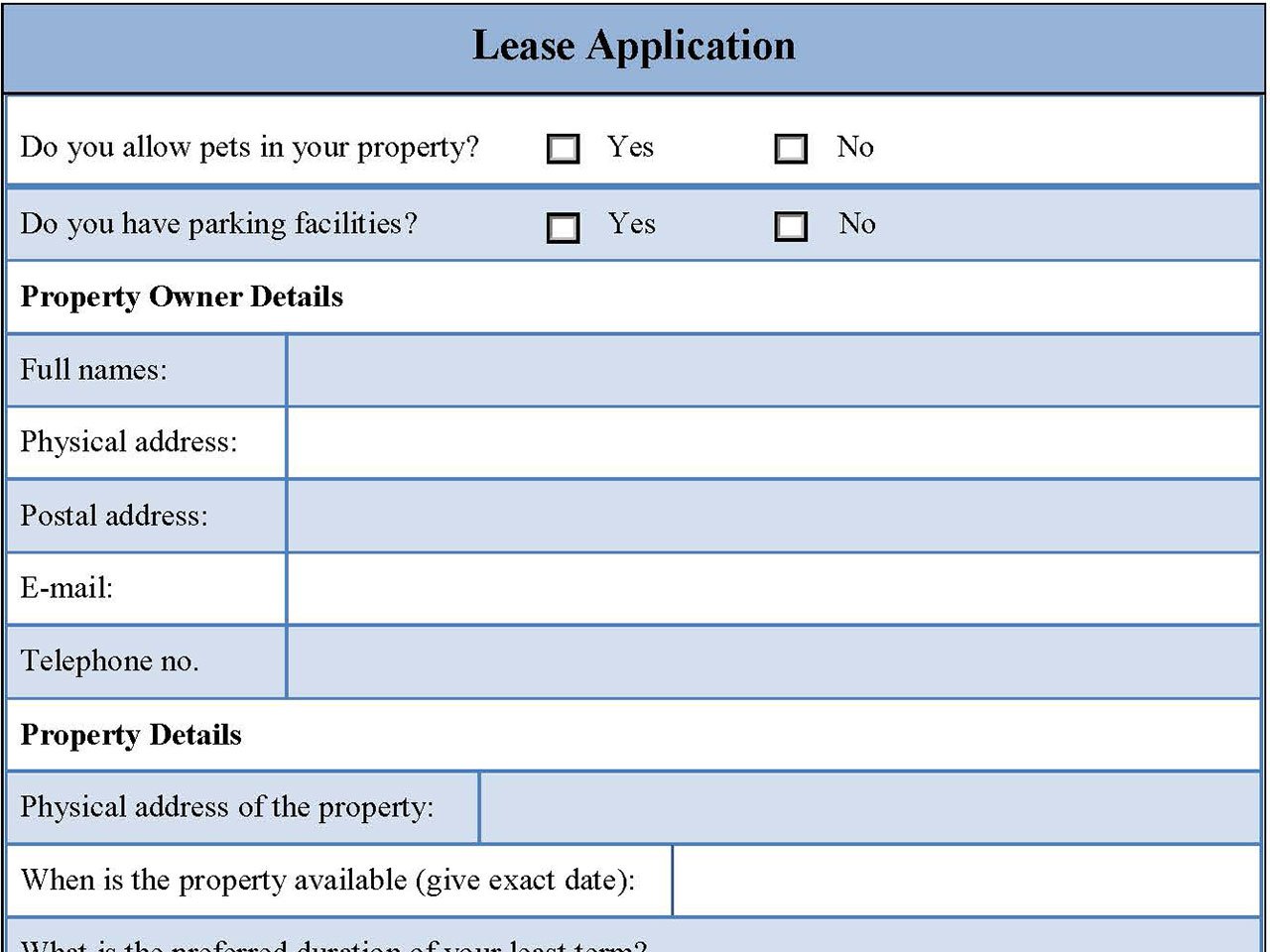 Lease Application Form