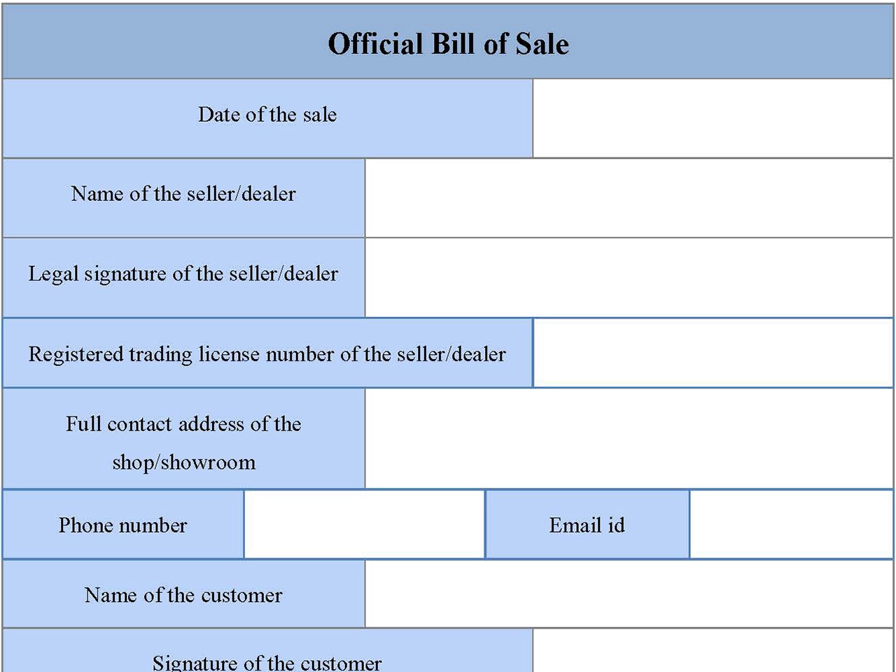 Official Bill Of Sale Form