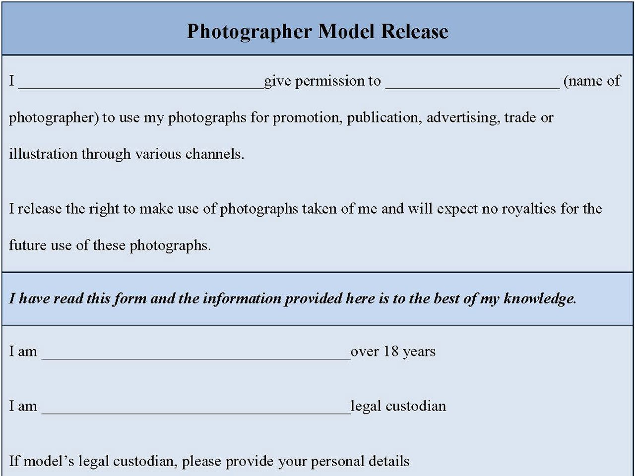 Photographer Model Release Form