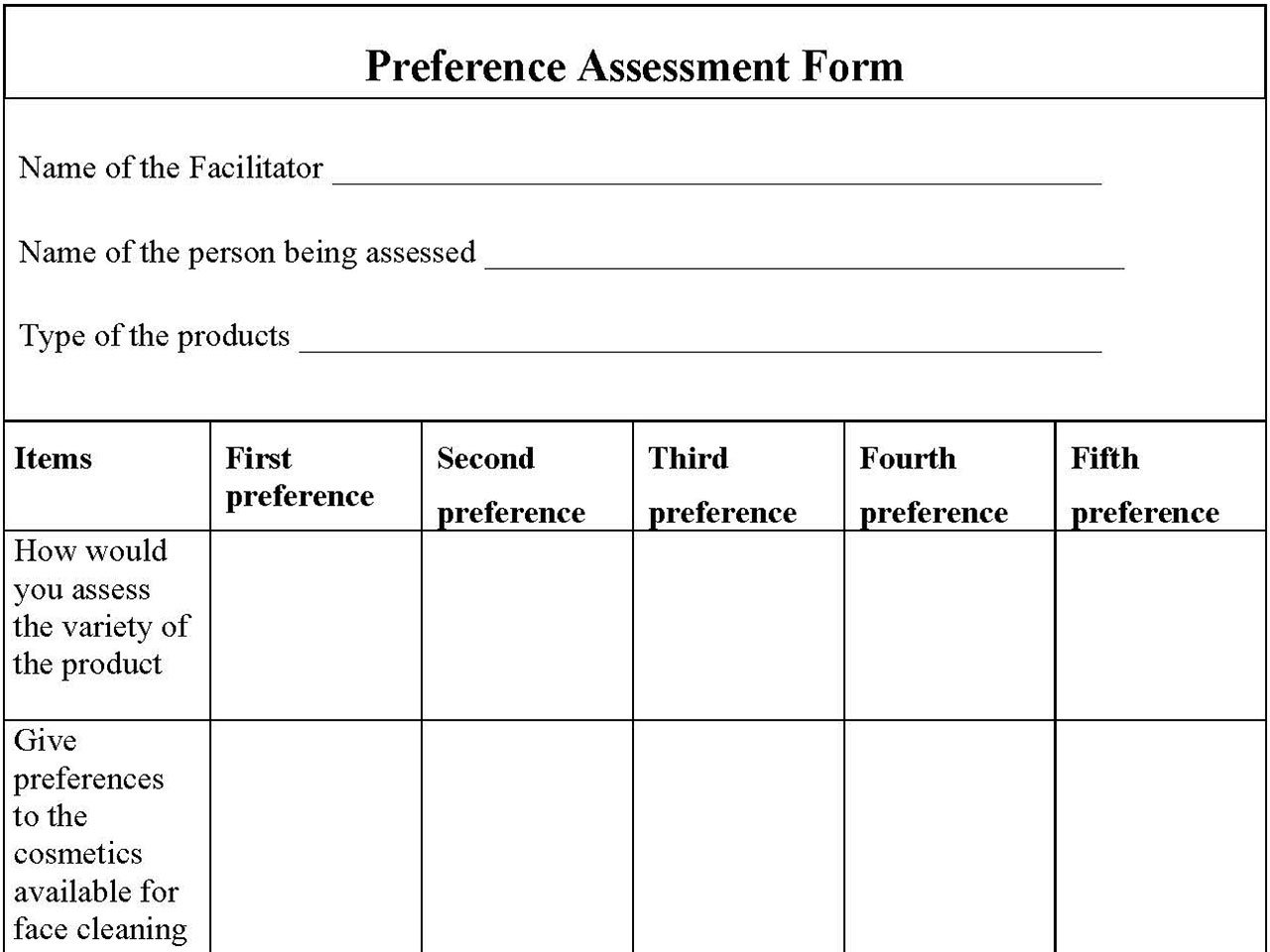 Preference Assessment Form