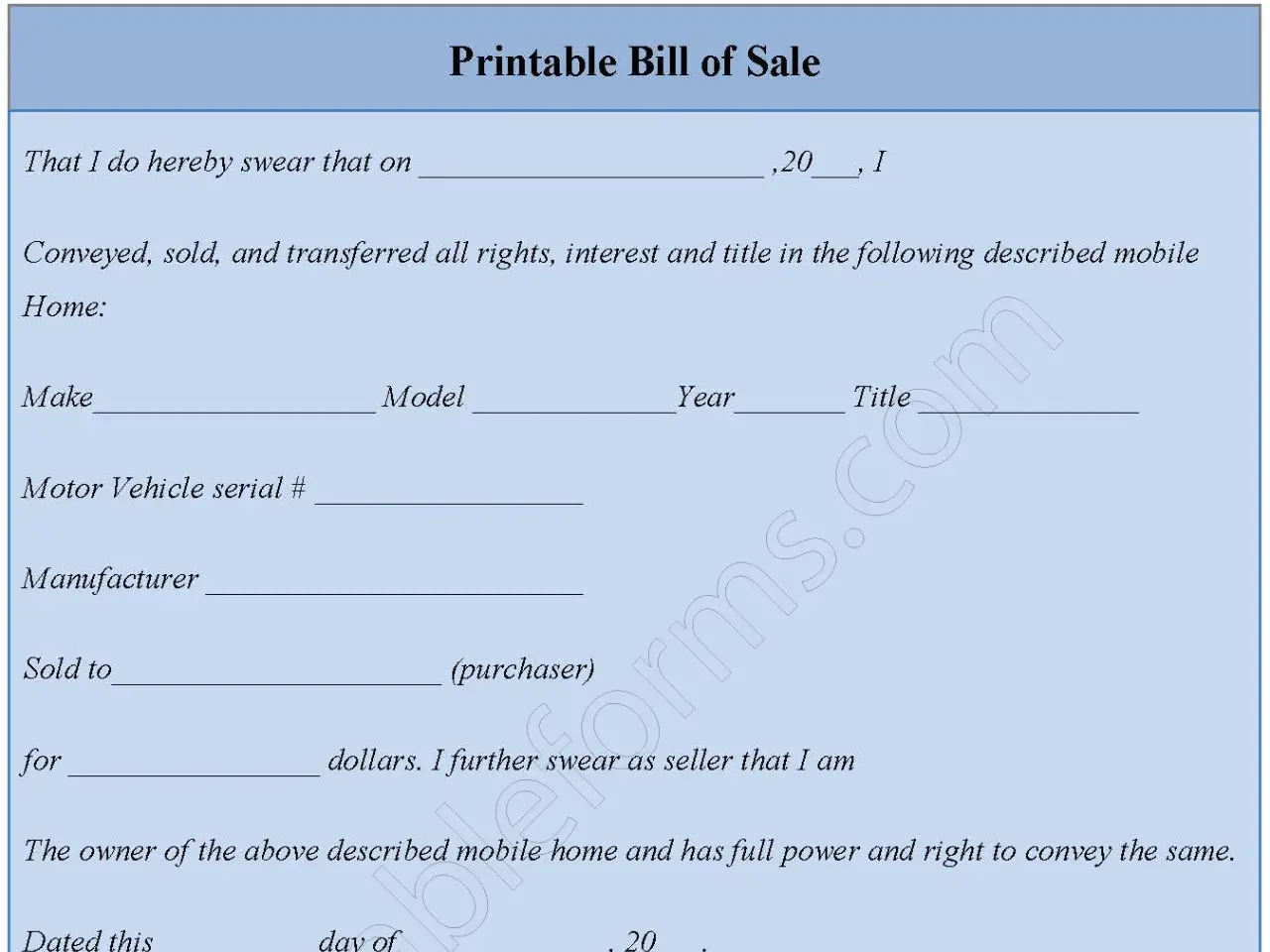 Printable Bill of Sale Fillable PDF Form