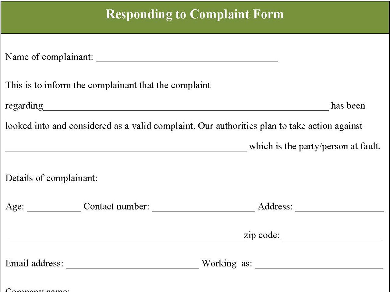 Responding to Complaint Form