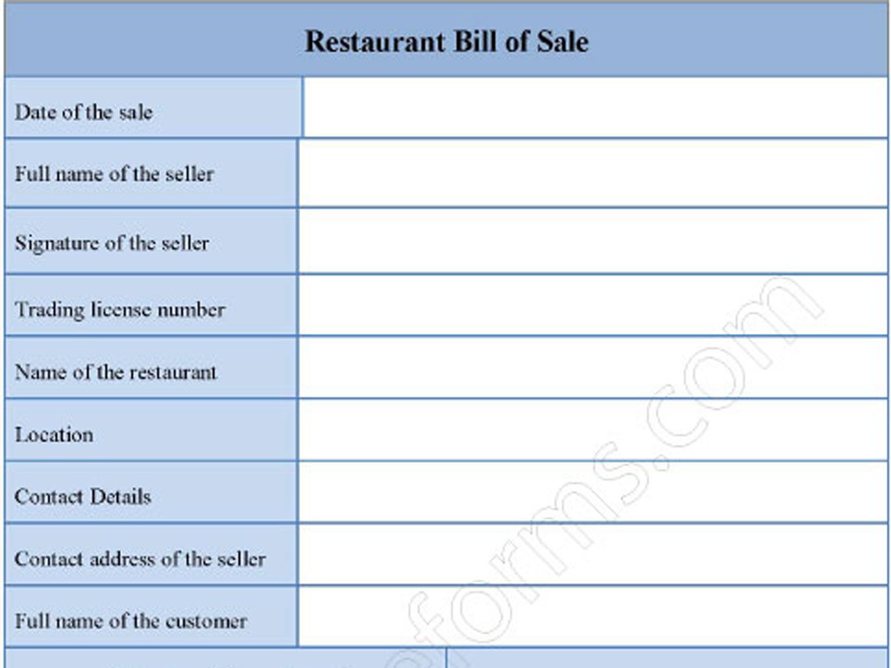 Restaurant Bill of Sale Form