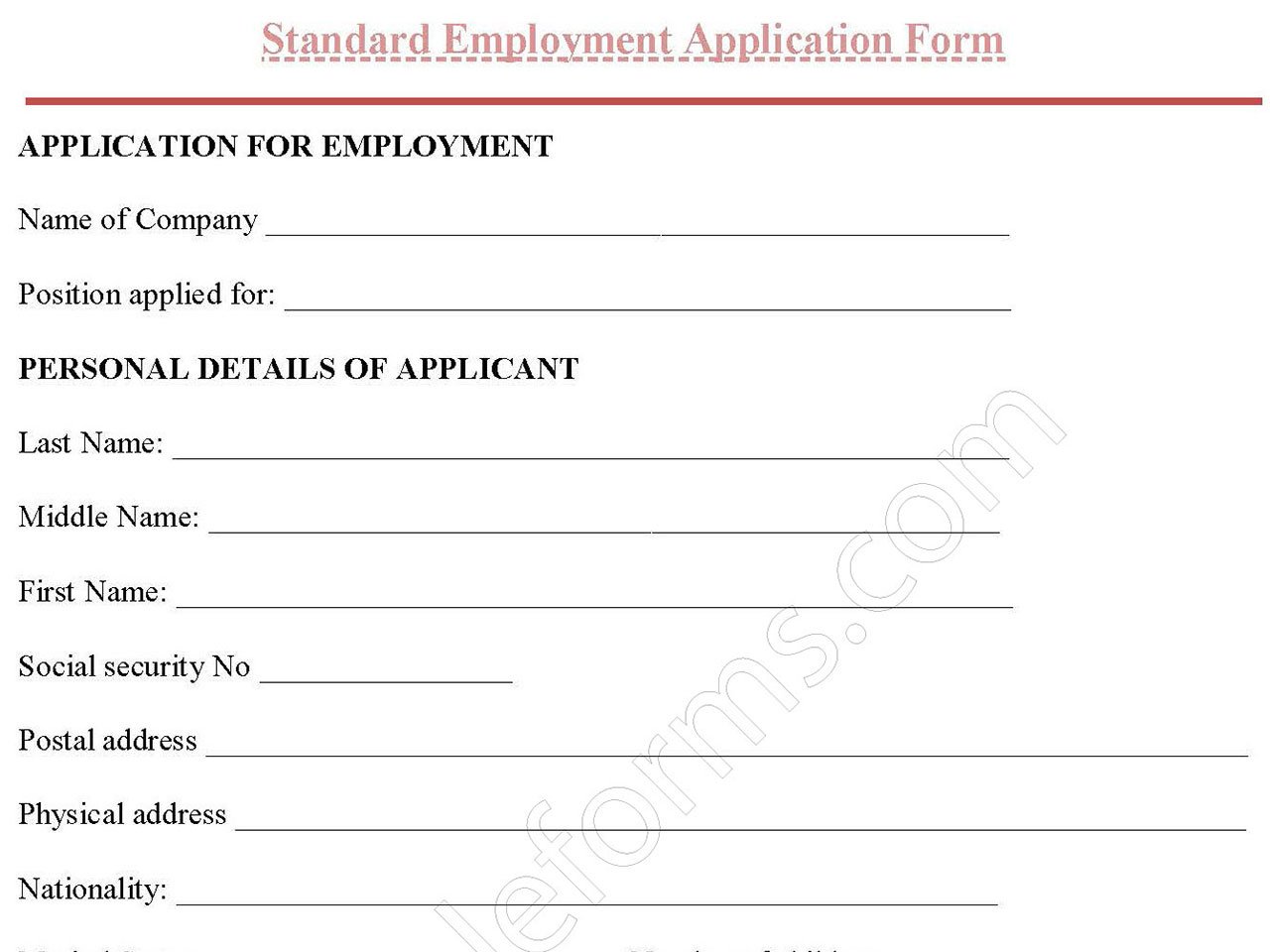 Standard Employment Application Form