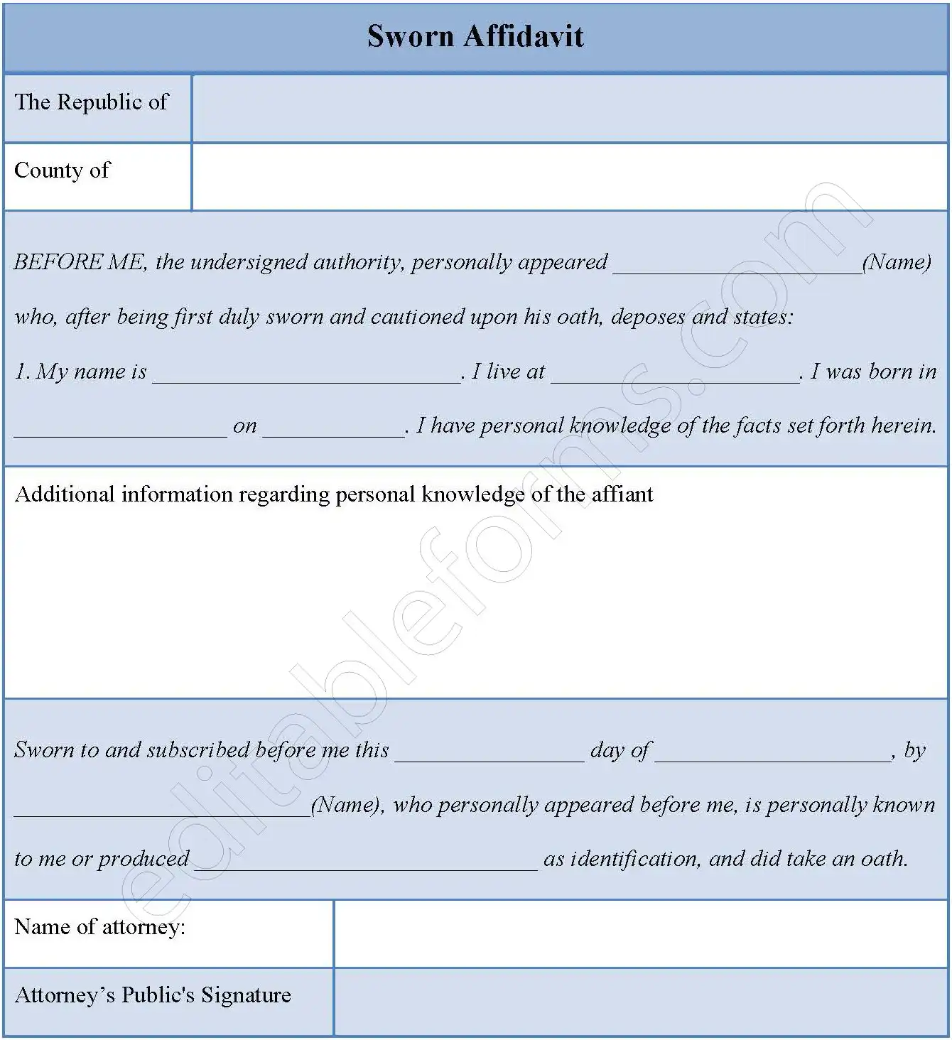 Sworn Affidavit Fillable PDF Form