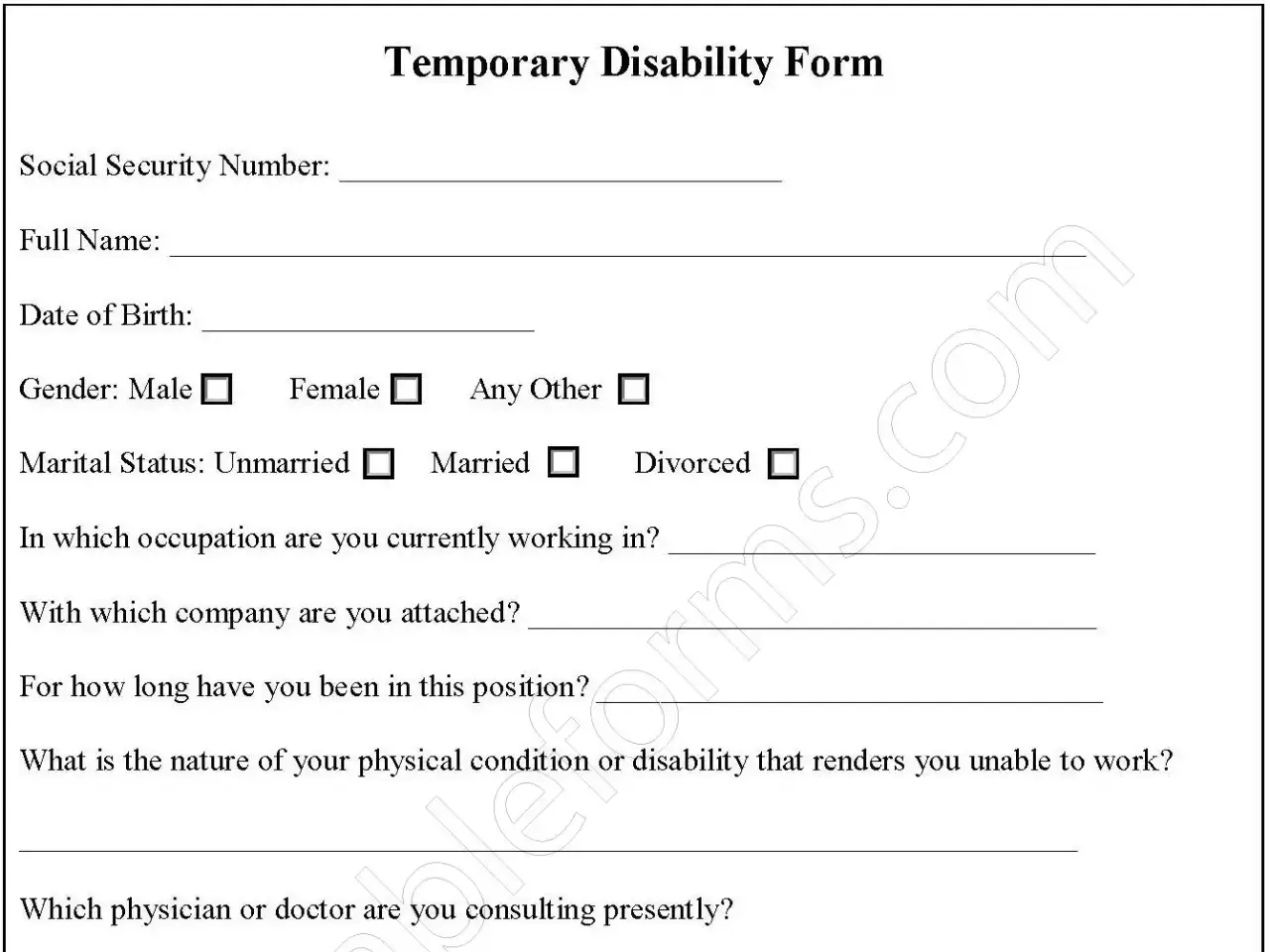 Temporary Disability Fillable PDF Form Temporary Disability Fillable PDF Form