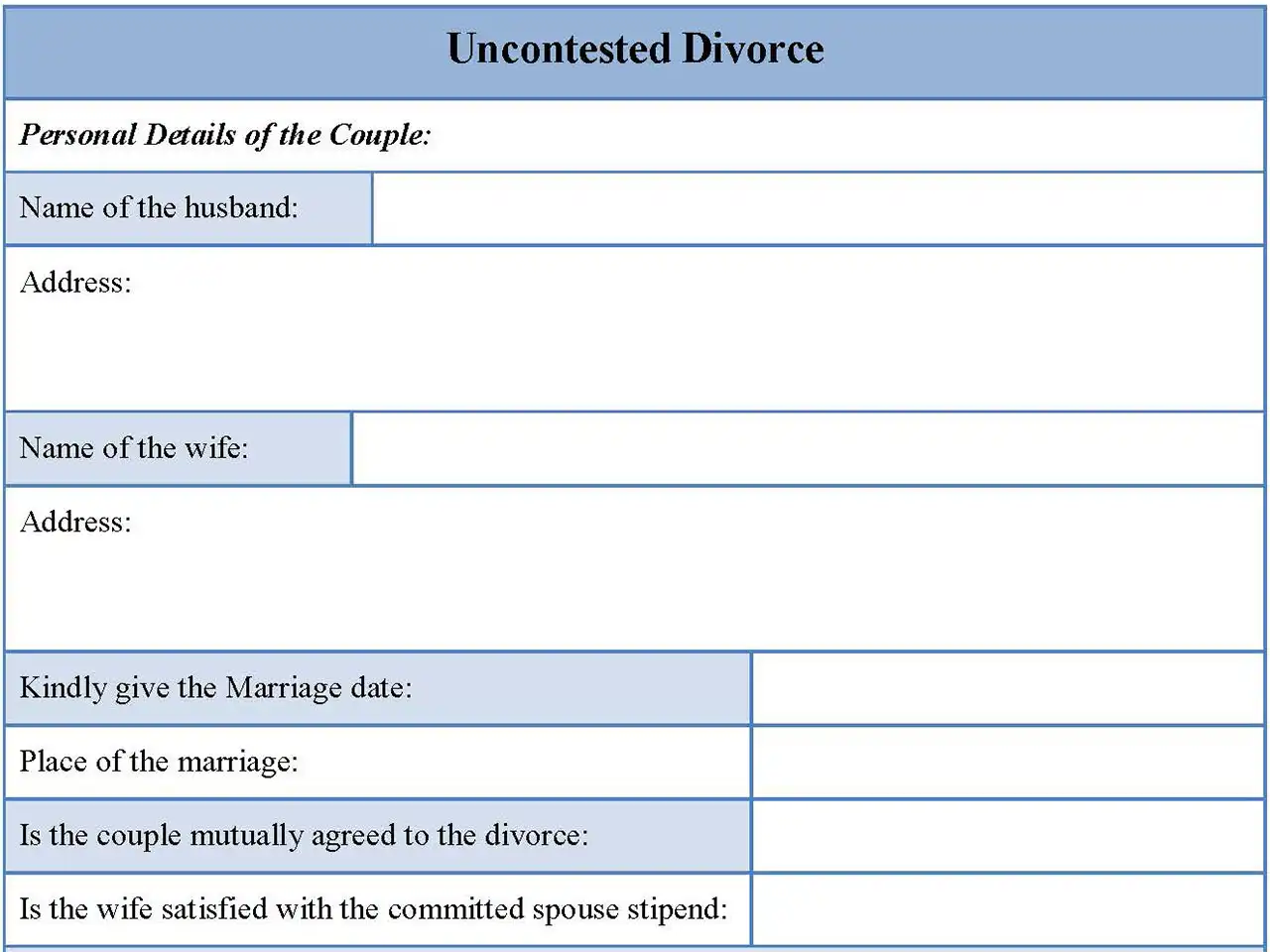 Uncontested divorce form