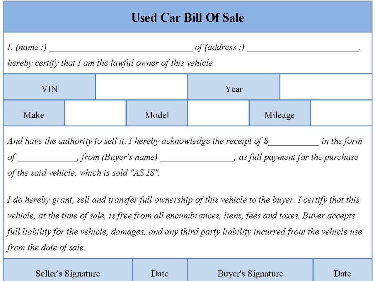 Used car bill of sale form