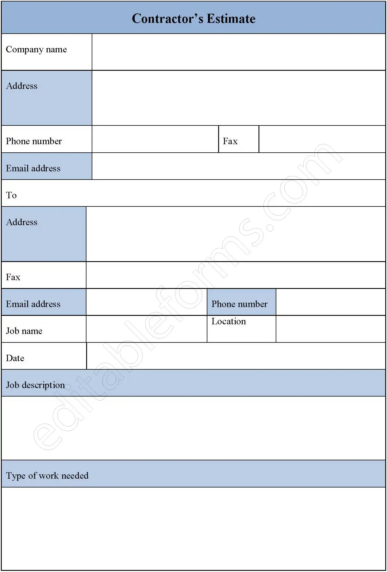 Contractor’s Estimate Fillable PDF Form