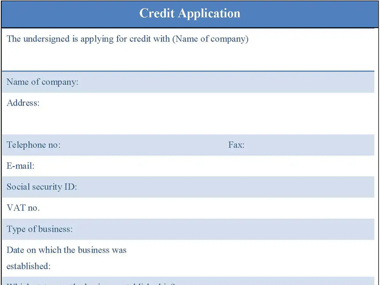 Credit Application Form Template