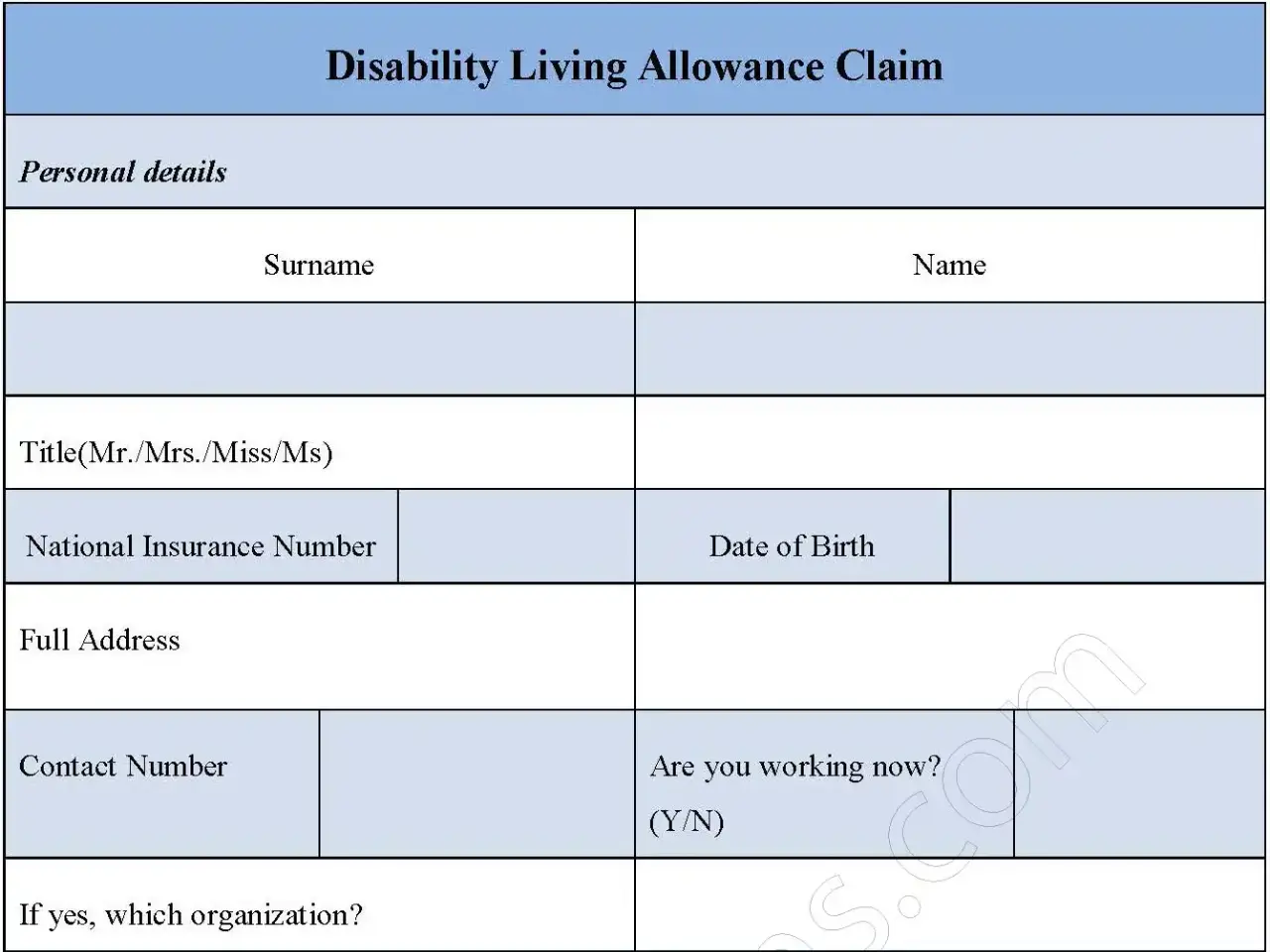 Disability Living Allowance Claim Fillable PDF Form