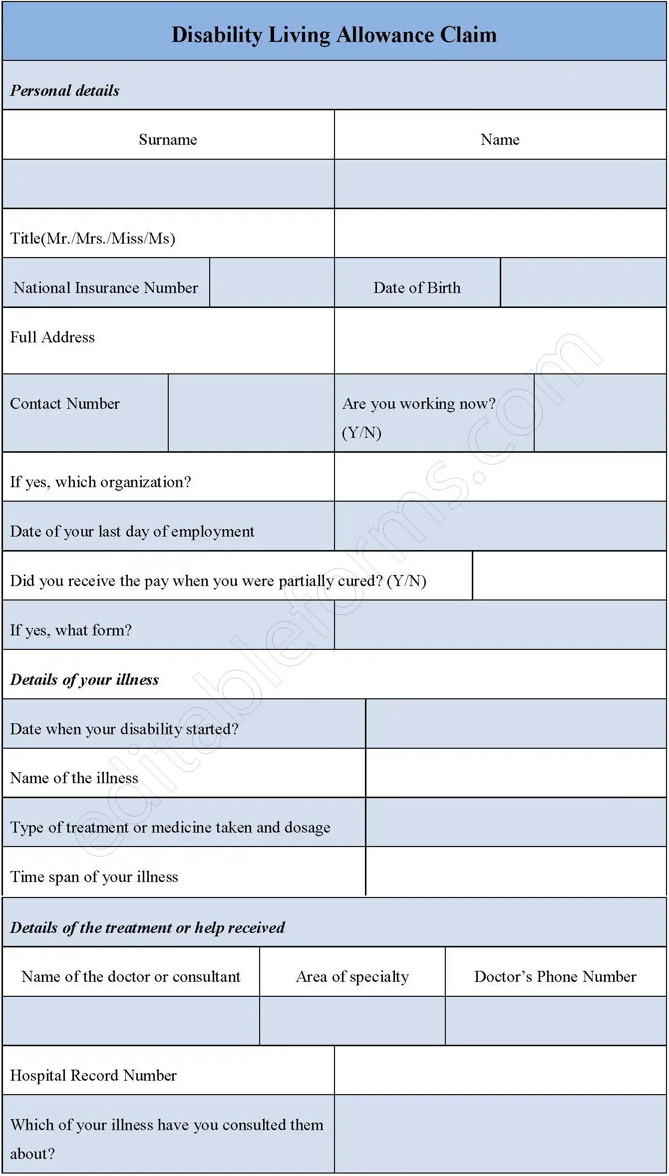 Disability Living Allowance Claim Fillable PDF Form