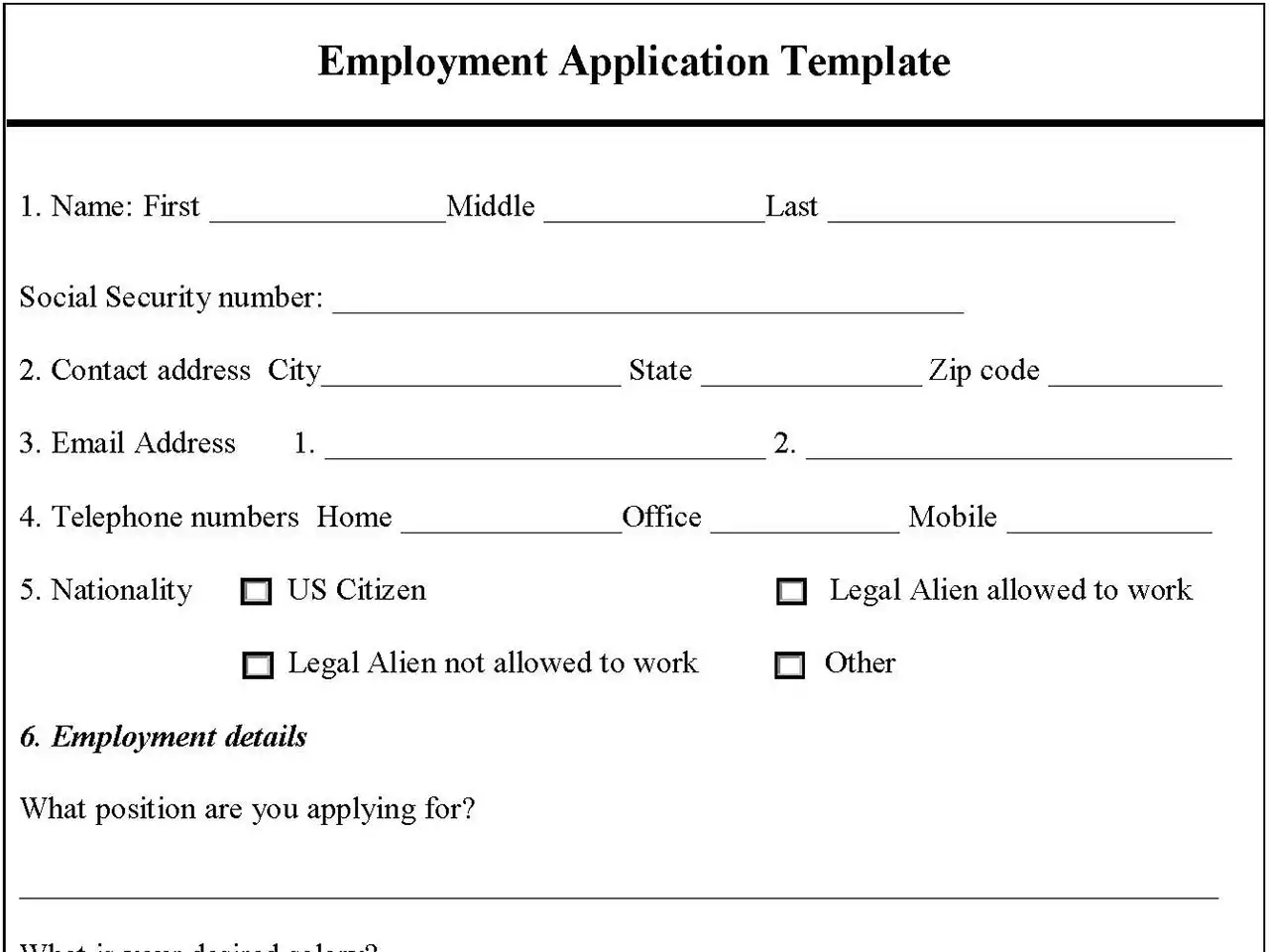 Employment Application Template