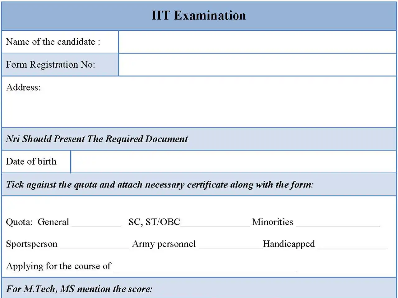 IIT Examination Form