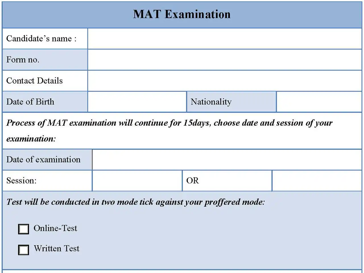 MAT Examination FormMAT Examination FormMAT Examination Form Editable