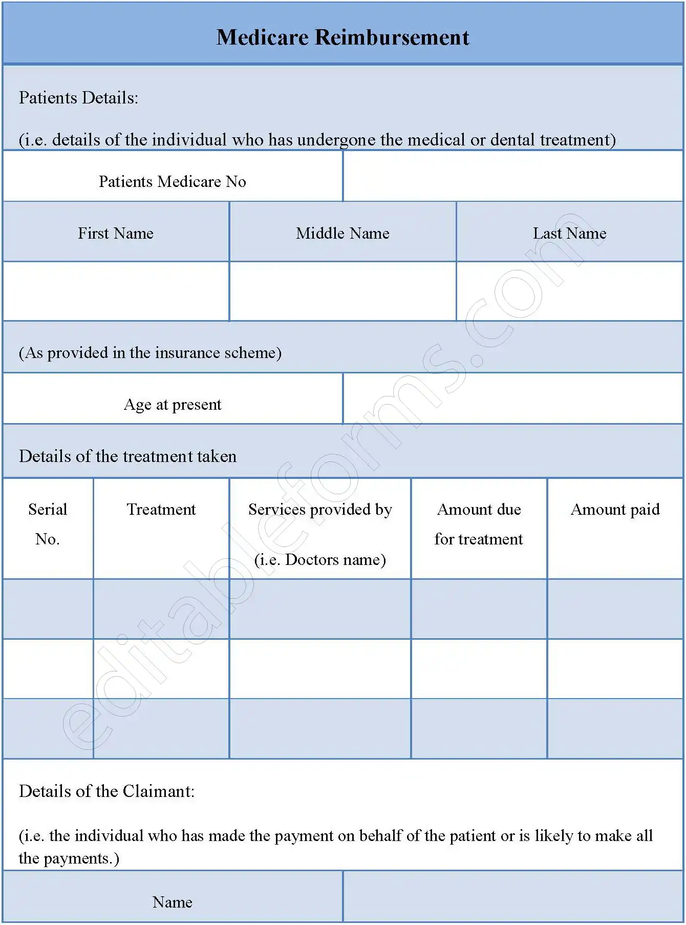 Medicare Reimbursement Fillable PDF Form