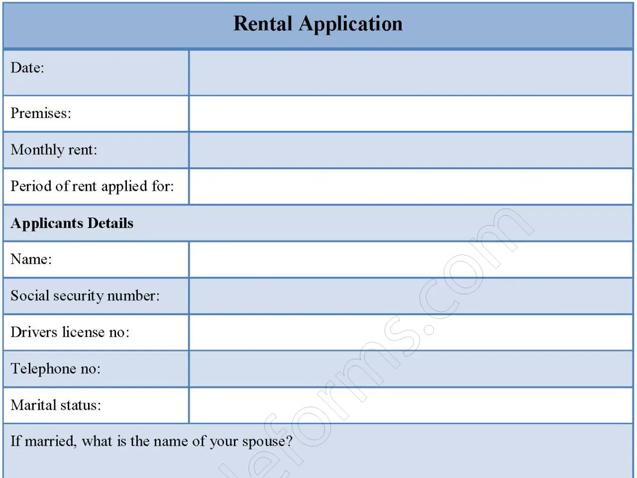 Rental Application Fillable PDF Form