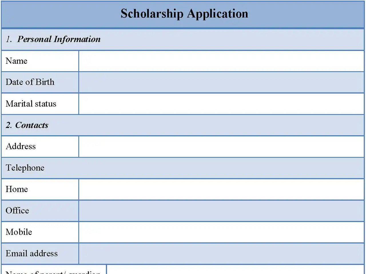 Sample Scholarship application Form