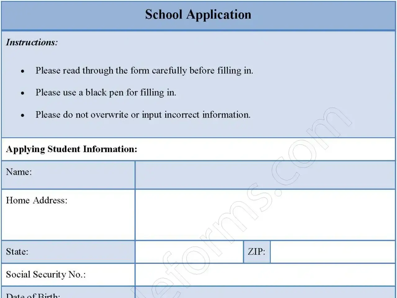 School Application Fillable PDF Form