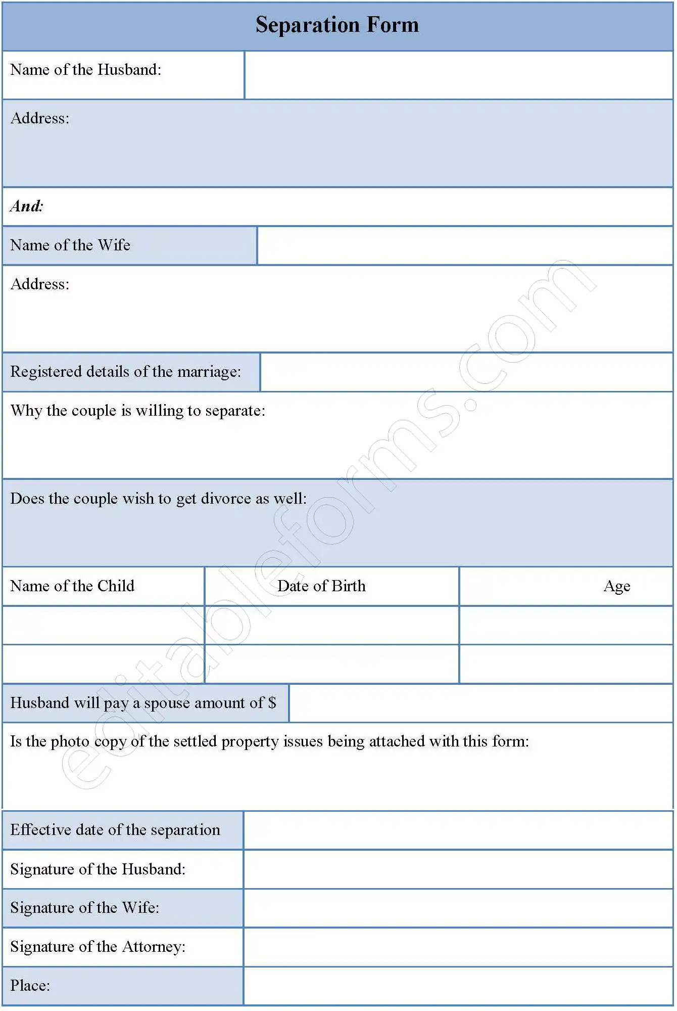 Separation Fillable PDF form template