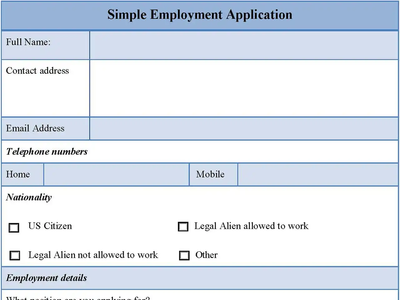 Simple Employment Application Format
