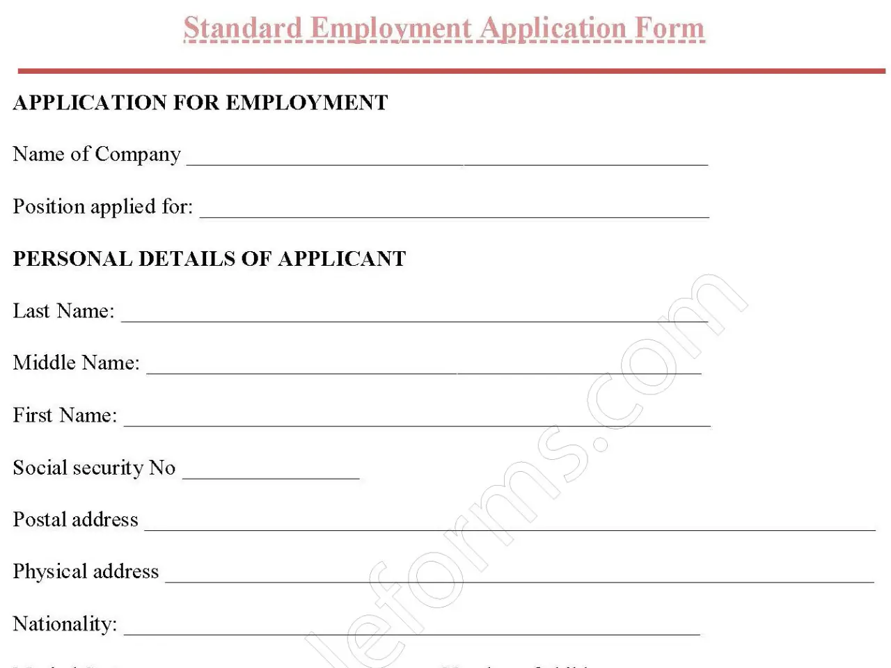 Standard Employment Application Fillable PDF Form