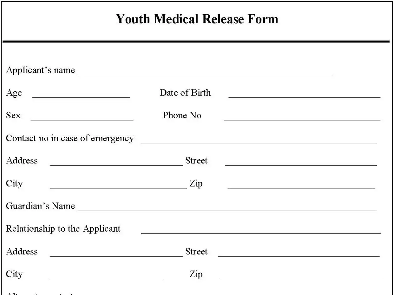 Youth Medical Release Form Editable PDF Forms