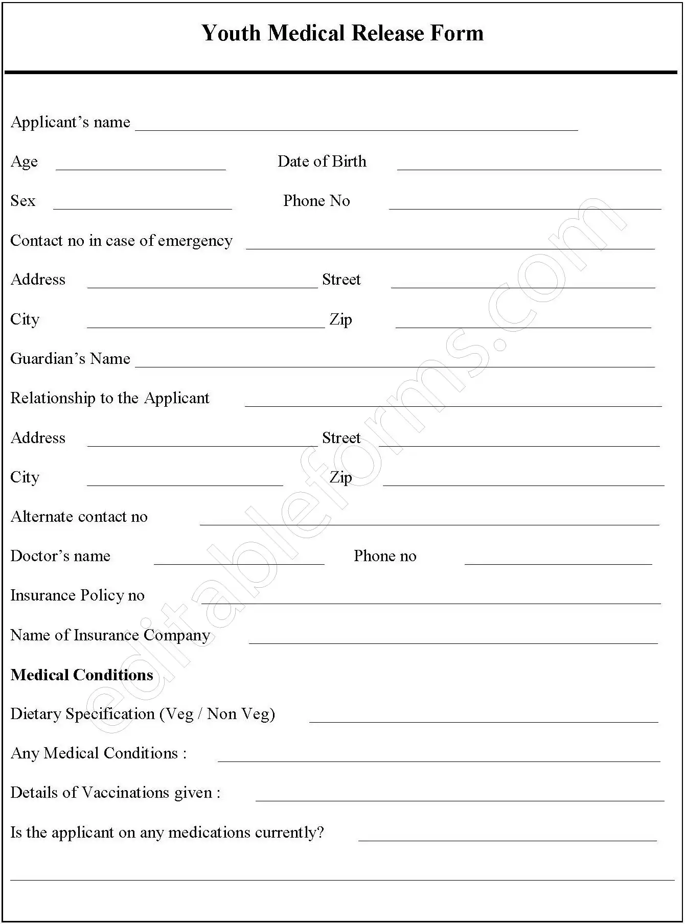 Youth Medical Release Fillable PDF Form