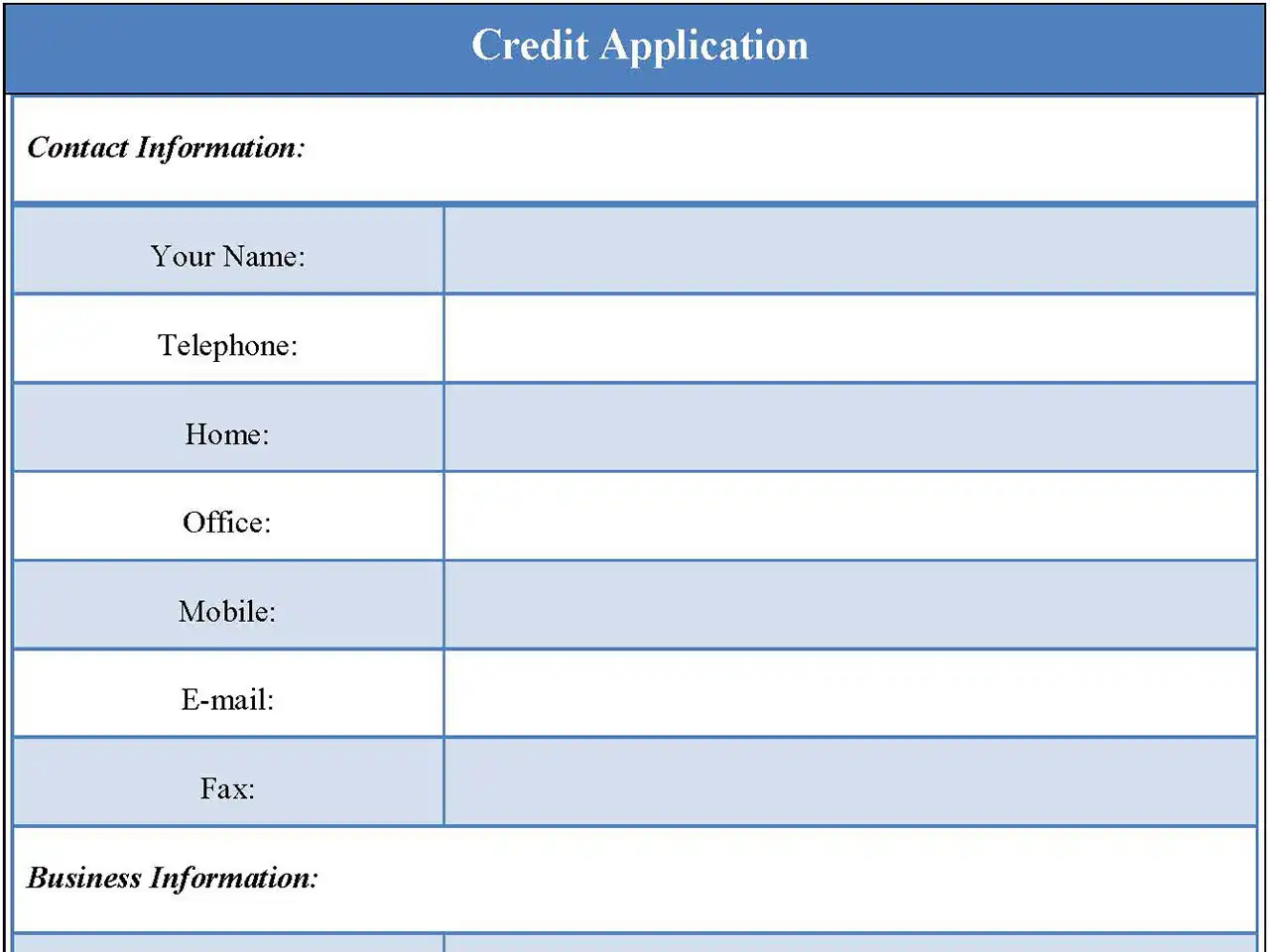 Blank Credit Application Form