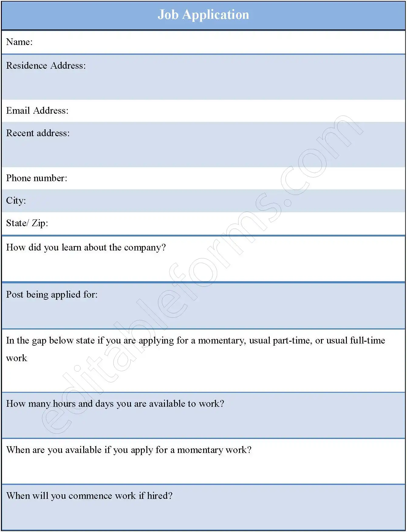 Blank Job Application Form