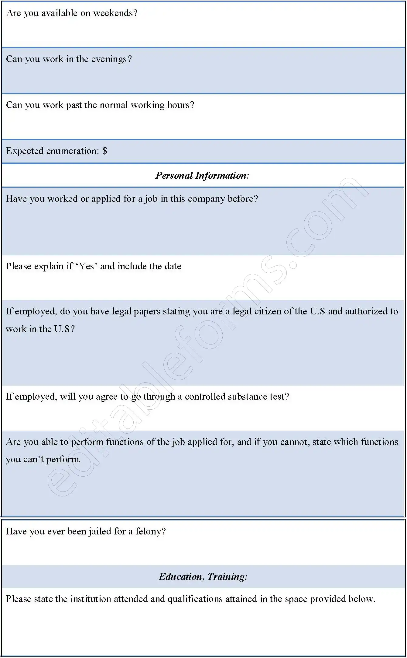 Blank Job Application Form