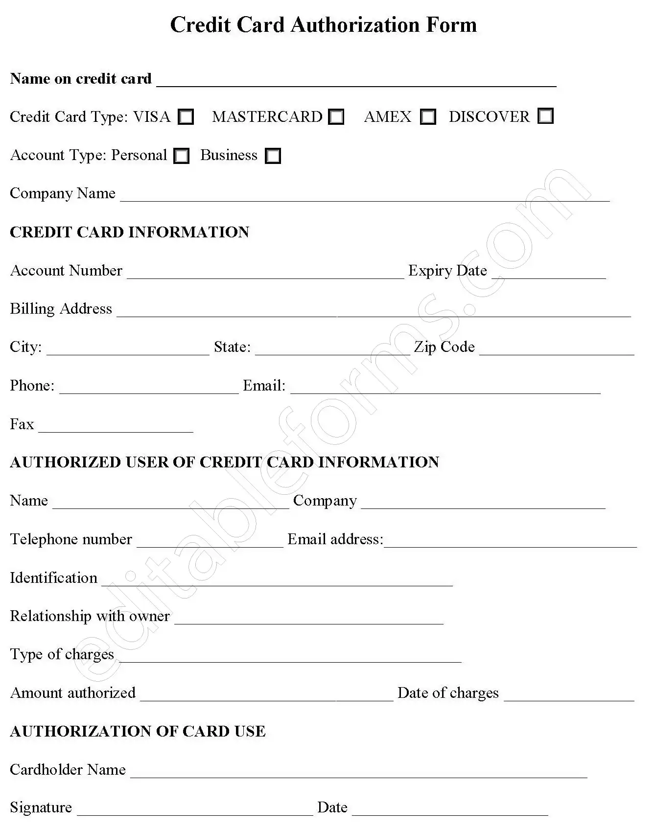 Credit Card Authorization Fillable PDF Form And Word Document