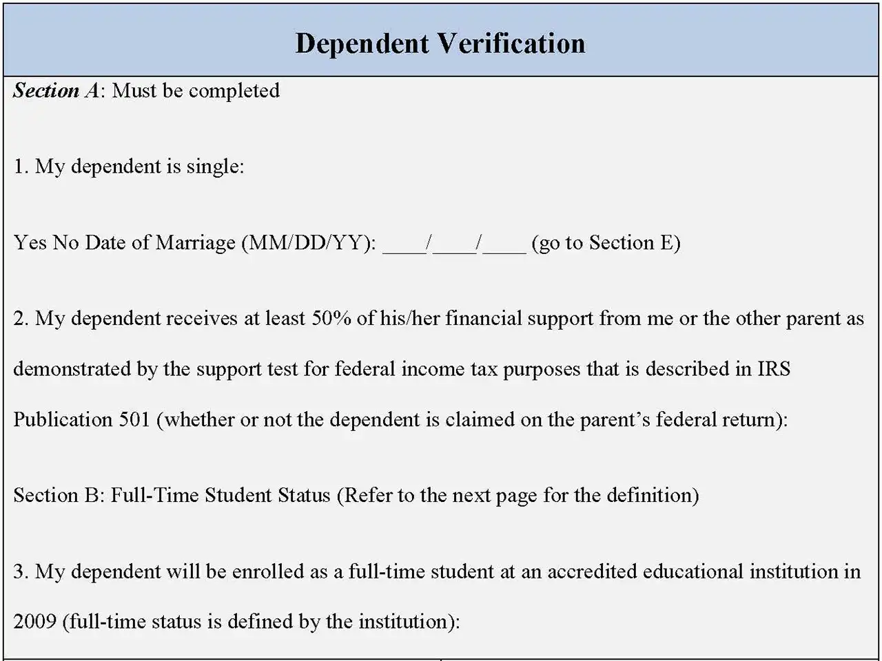 Dependent Verification Fillable PDF Form