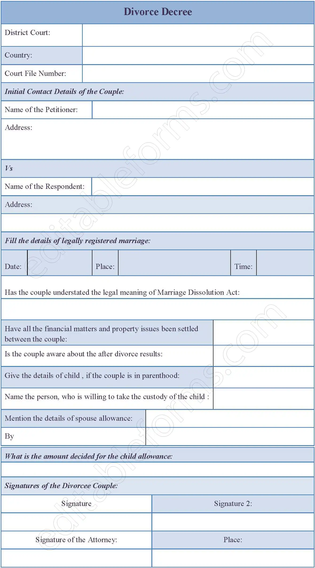Divorce Decree Fillable PDF Template And Word Document