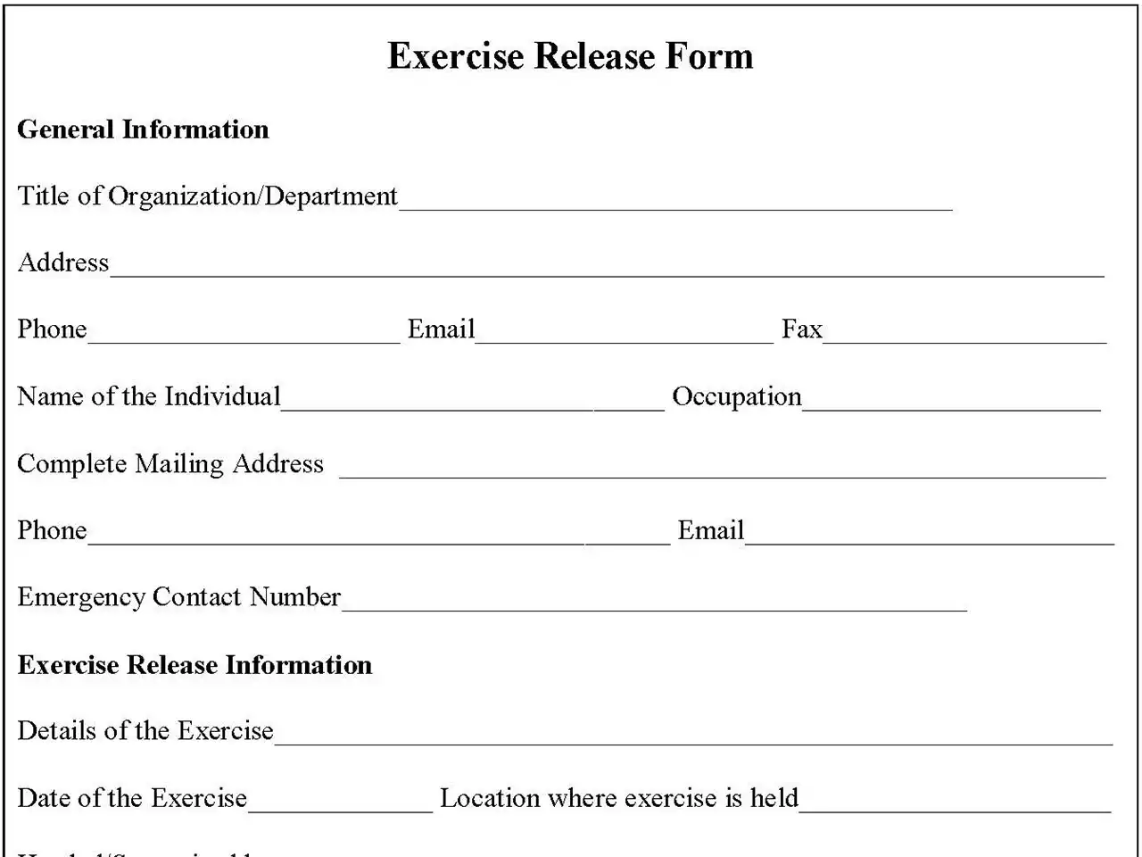 Exercise Release Fillable PDF Form