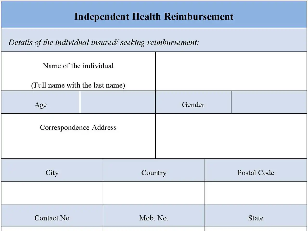 Independent Health Reimbursement Fillable PDF Form