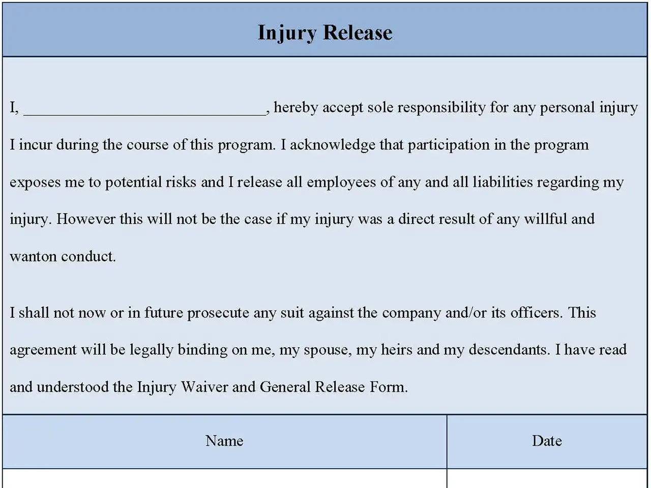 Injury Release Fillable PDF Form