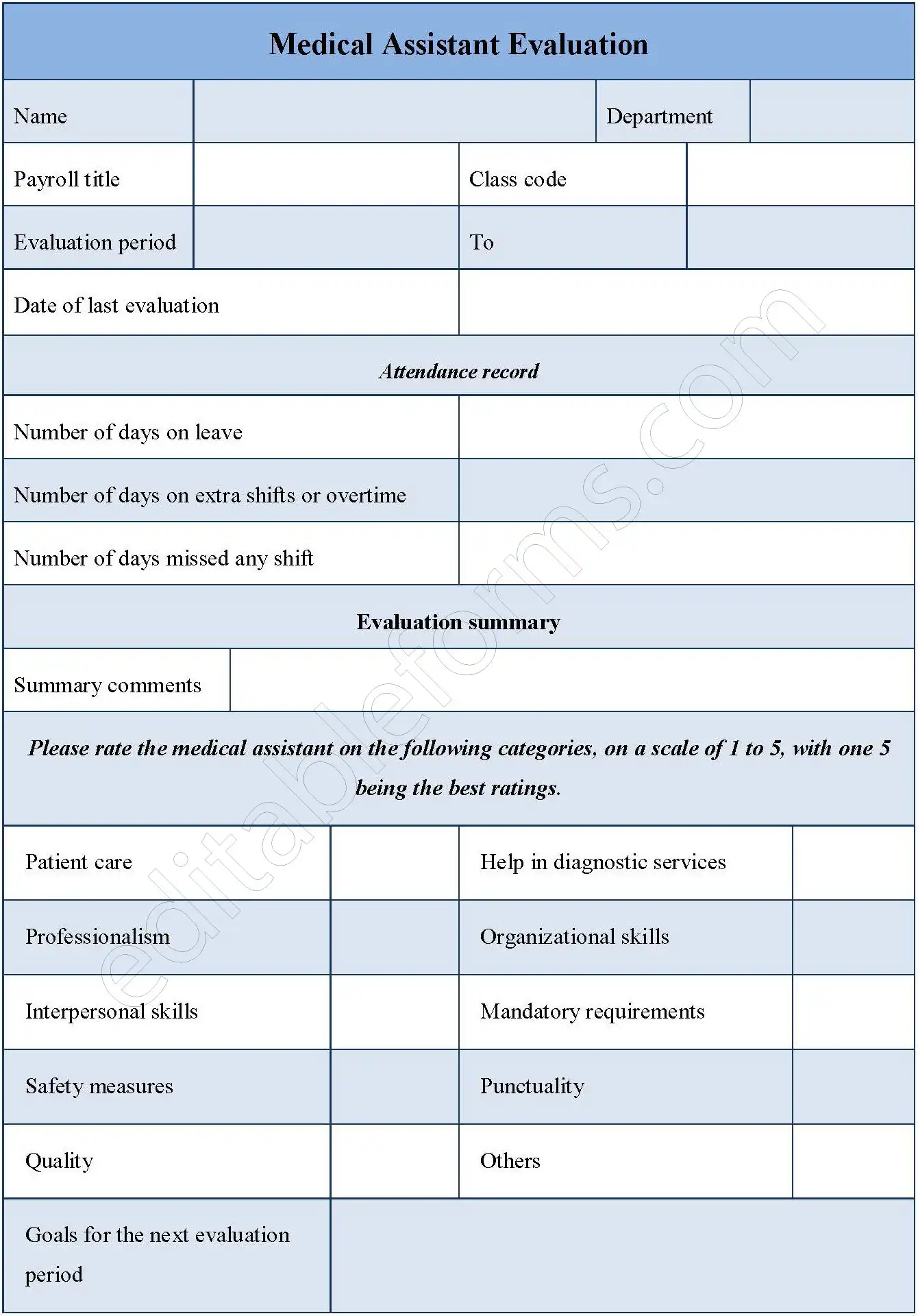 Medical Assistant Evaluation Fillable PDF Form