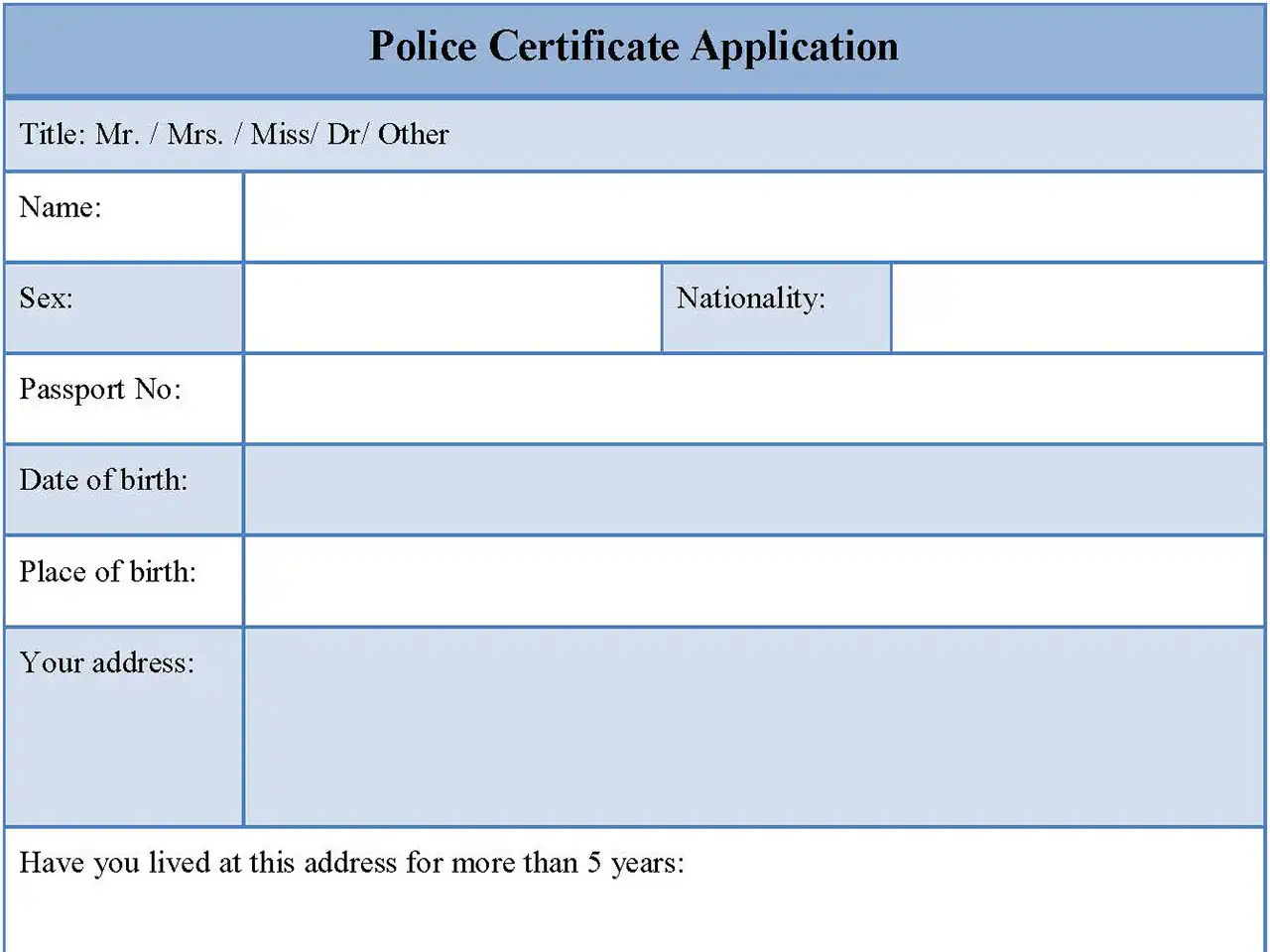 Police Certificate Application Form