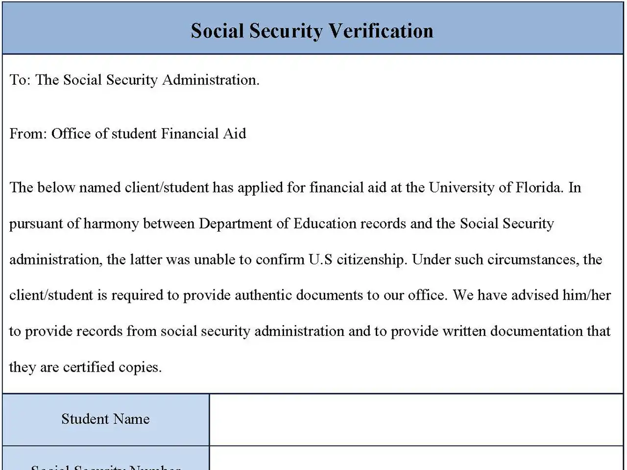 Social Security Verification Form