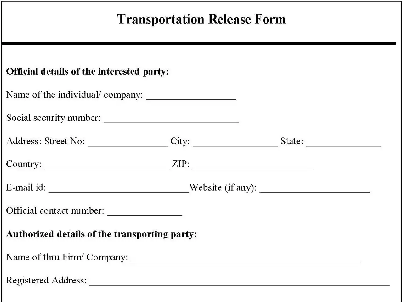 Transportation Release Fillable PDF Template