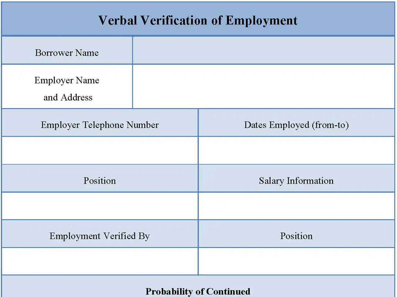 Verbal Verification of Employment Fillable PDF Form