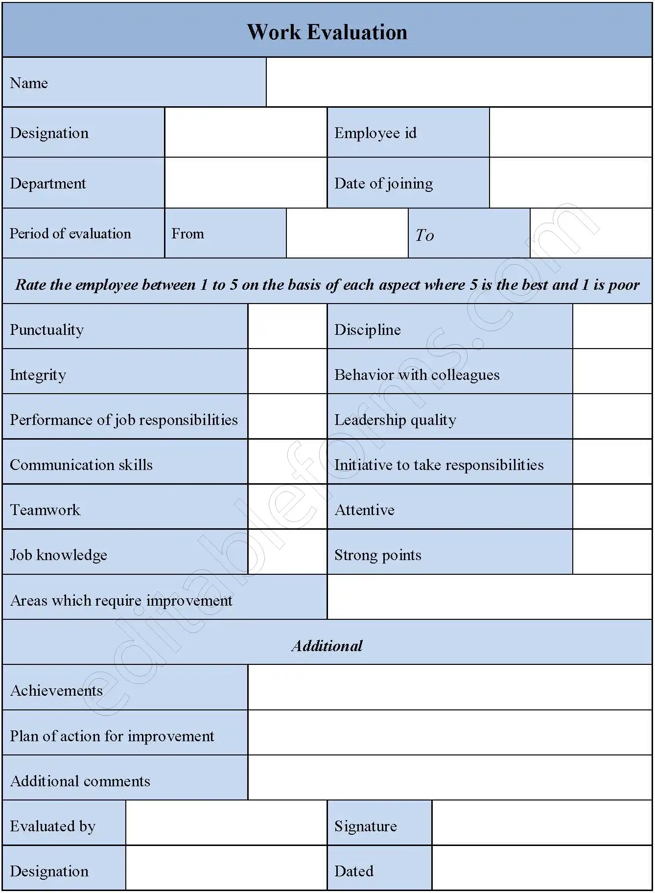 Work Evaluation Fillable PDF Form