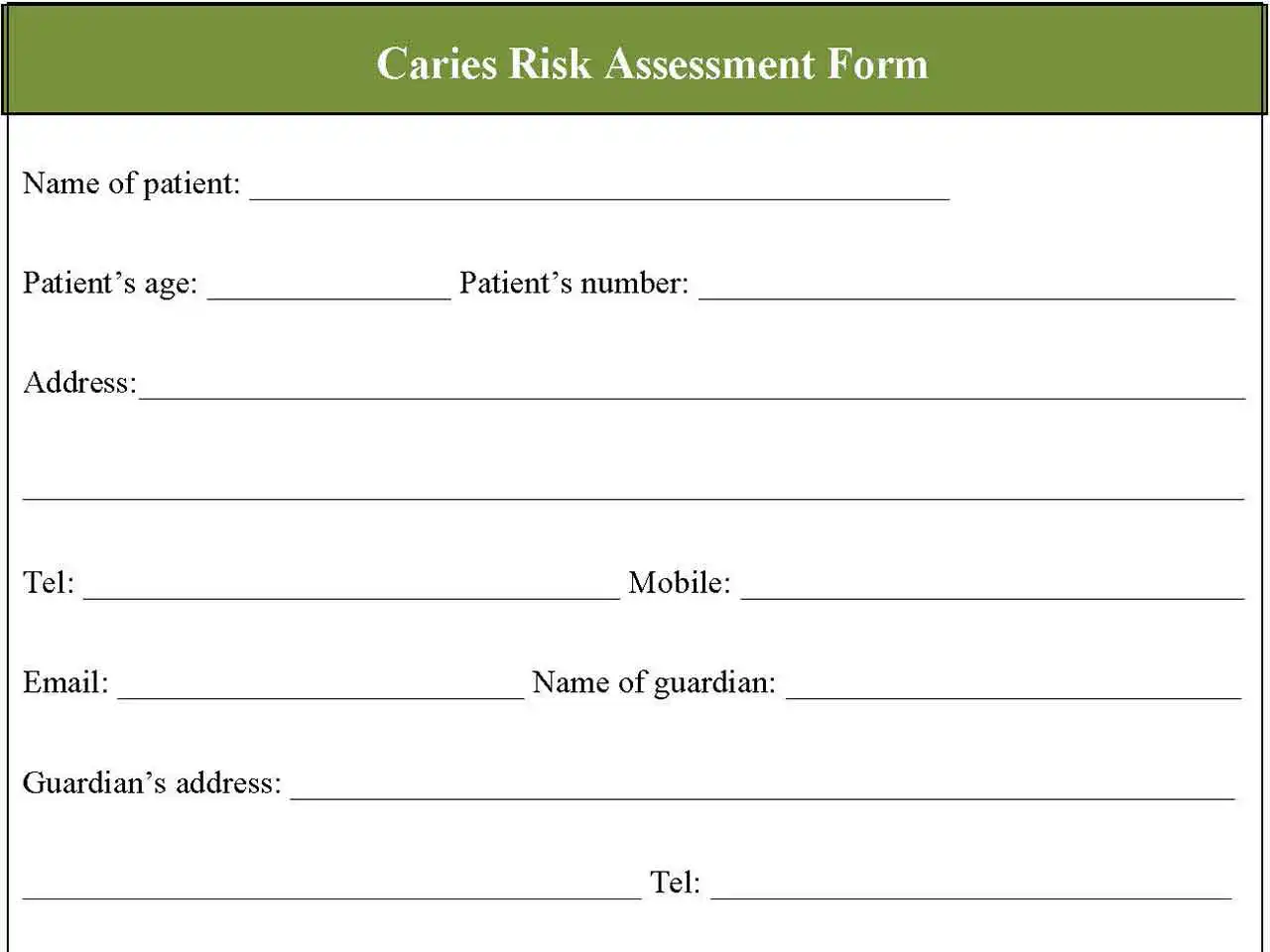 Caries Risk Assessment Fillable PDF Form And Word Document